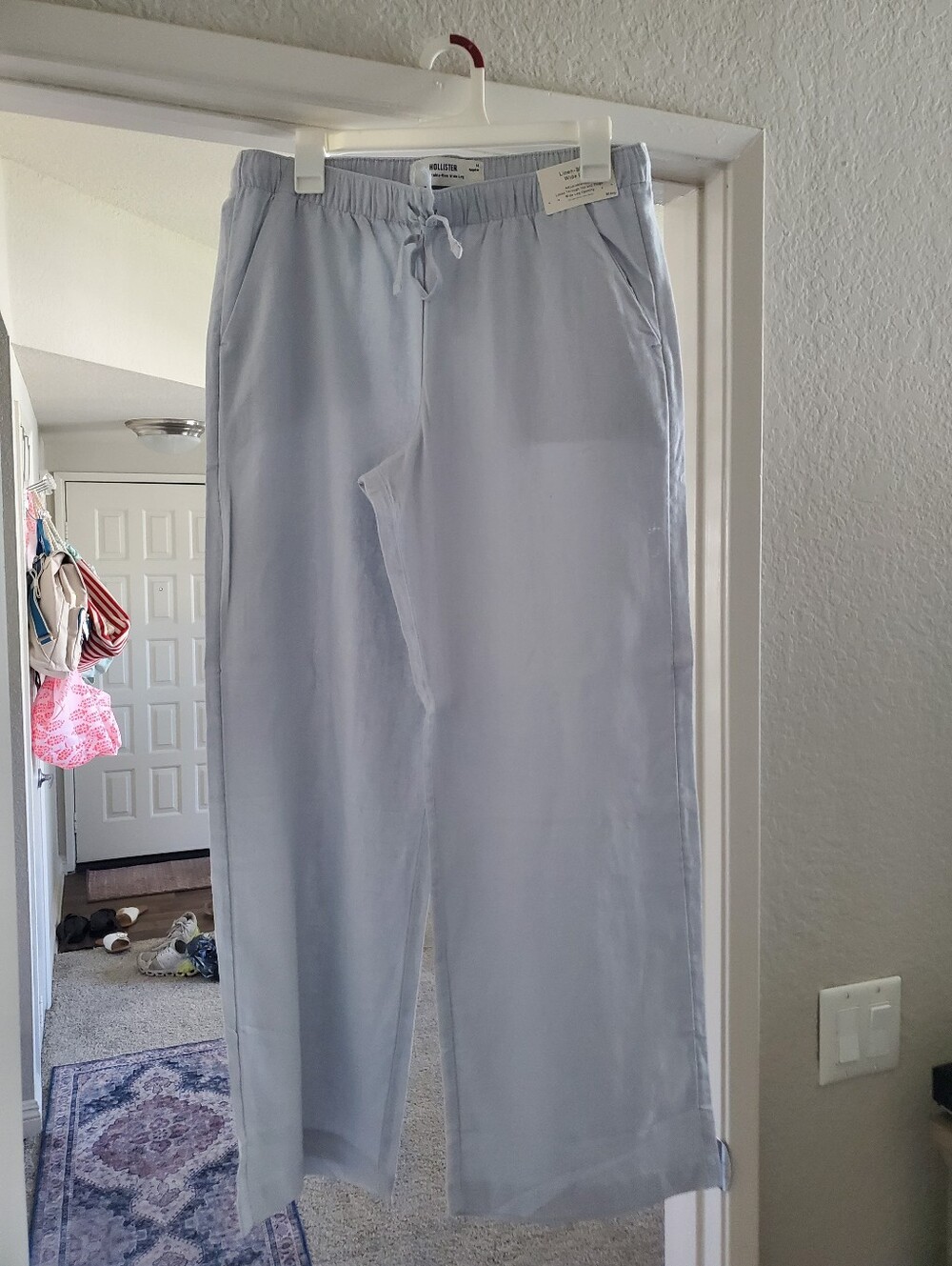 NWT Hollister Linen Blend Light Blue Wide Leg Drawstring Pants size M